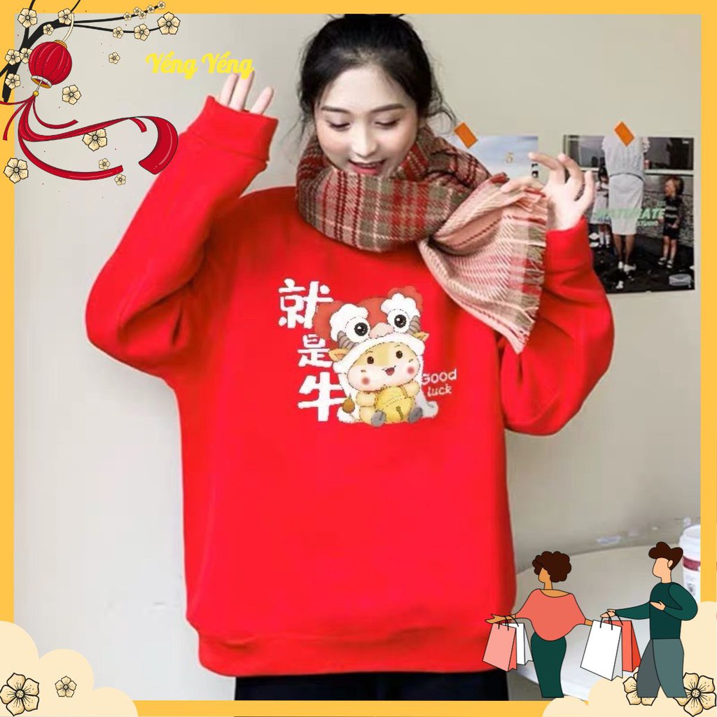 ANU12 - ÁO NỈ BÔNG NỮ ĐỎ IN HÌNH TRÂU VÀNG