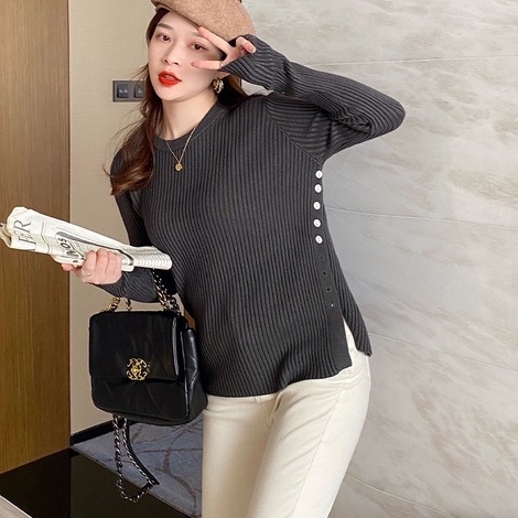 【ZHELIHANGFEI】Áo Sweater Dệt Kim Thiết Kế Xẻ Tà Phong Cách Phương Tây