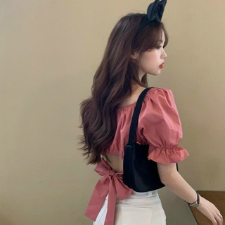 Áo Voan Cổ Vuông Nhún Ngực Hai Tay Ngắn Kèm Dây Cột Nơ Sau Lưng TTSLA0794