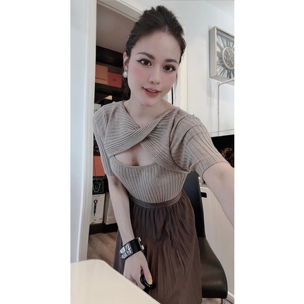 ÁO LEN TĂM XOẮN CỔ TAY CỘC HỞ NGỰC SEXY QC MS12390