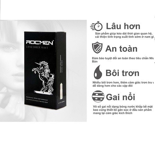 Bao cao su gai - Rocmen Longshock kéo dài thời gian chống xuất tinh sớm- bcs gân gai - Chính Hãng Hộp 12c, 3c