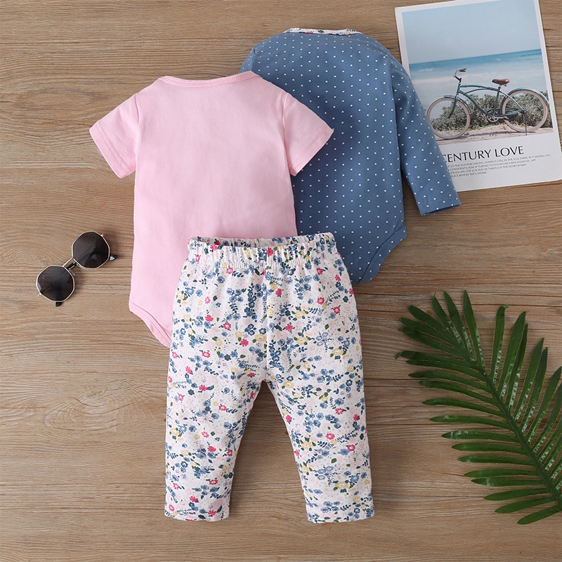 Combo bộ đồ bé gái 3-24 tháng tay ngắn Cotton hoạt hình dài tay bodysuit liền thân quần dài set mùa hè thời trang cho bé trẻ em sơ sinh