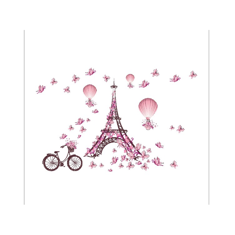 Decal phòng cưới tháp Eiffel hồng xe đạp-  ZY074456-2 -thaomivi