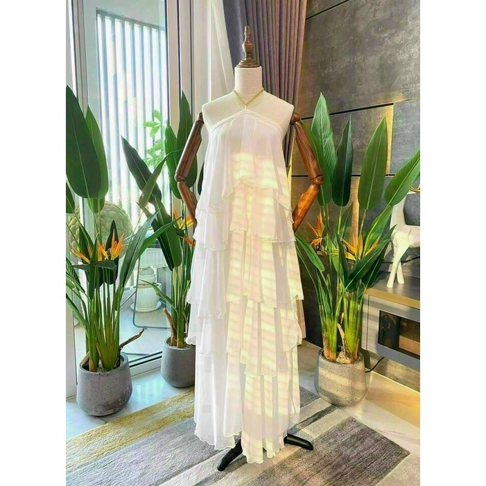 Đầm Maxi cổ yếm dây xích vàng đi biển  AU.Design Màu trắng bèo tầng freesize