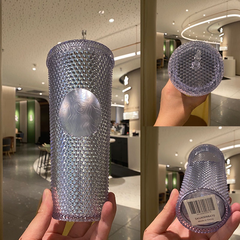 710Ml/24Oz Pha Lê Sầu Riêng Ống Hút Cốc Starbucks Rực Rỡ Kim Cương Ống Hút Nhựa 2 Lớp Cà Phê Cốc Tập Uống Lạnh uống