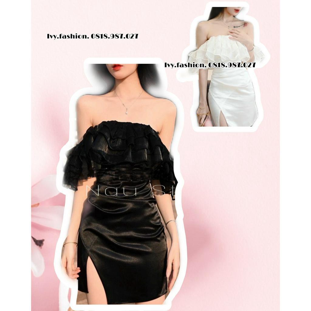 Đầm váy trễ vai phối bèo xẻ tà ôm body dự tiệc cao cấp đi biển giá rẻ đẹp bigsize sẵn mút ngực tơ lụ