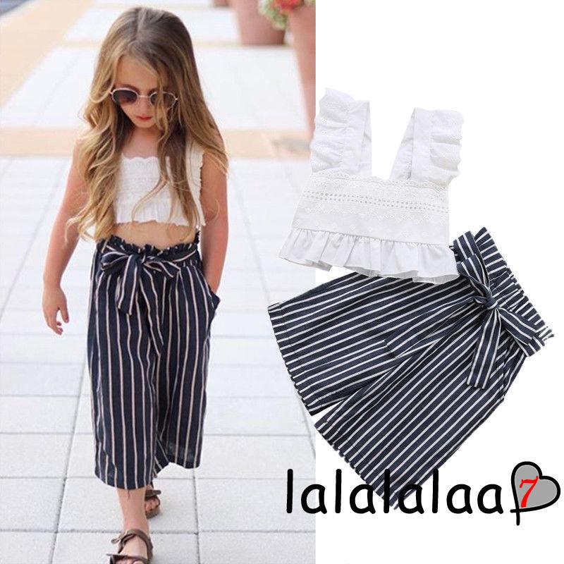 Bộ 2 món áo croptop + quần dài phong cách thời trang cho bé gái