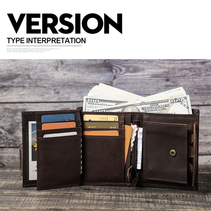 Youyo Ví Ngắn Gập Ba Bằng Da Bò Có Dây Xích RFID Chống Trộm Vintage Cho Nam Cred