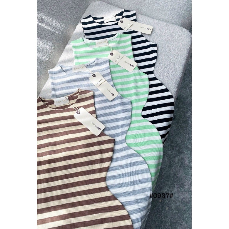 Đầm body dáng ngắn ba lỗ cổ tròn sọc ngang thun gân hot MS40
