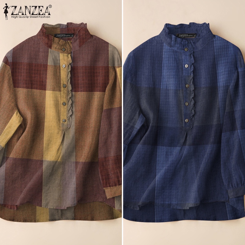 Áo kiểu Zanzea tay dài cổ tròn họa tiết kẻ sọc caro phong cách vintage dành cho nữ