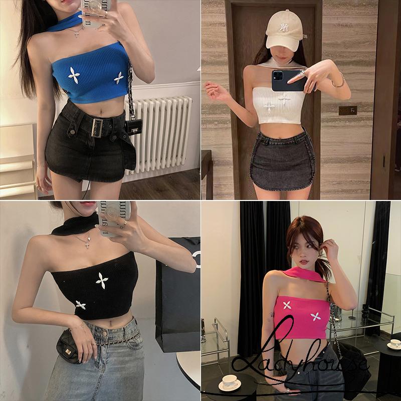 Áo Crop Top Dệt Kim Không Tay Cổ Yếm Chéo Màu Trắng/Đen/Xanh Dương Thời Trang Mùa Hè Cho Nữ