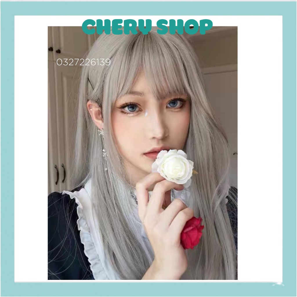 Tóc giả nguyên đầu thẳng dài màu xám khói tự nhiên tặng kèm lưới trùm wig mã z7007