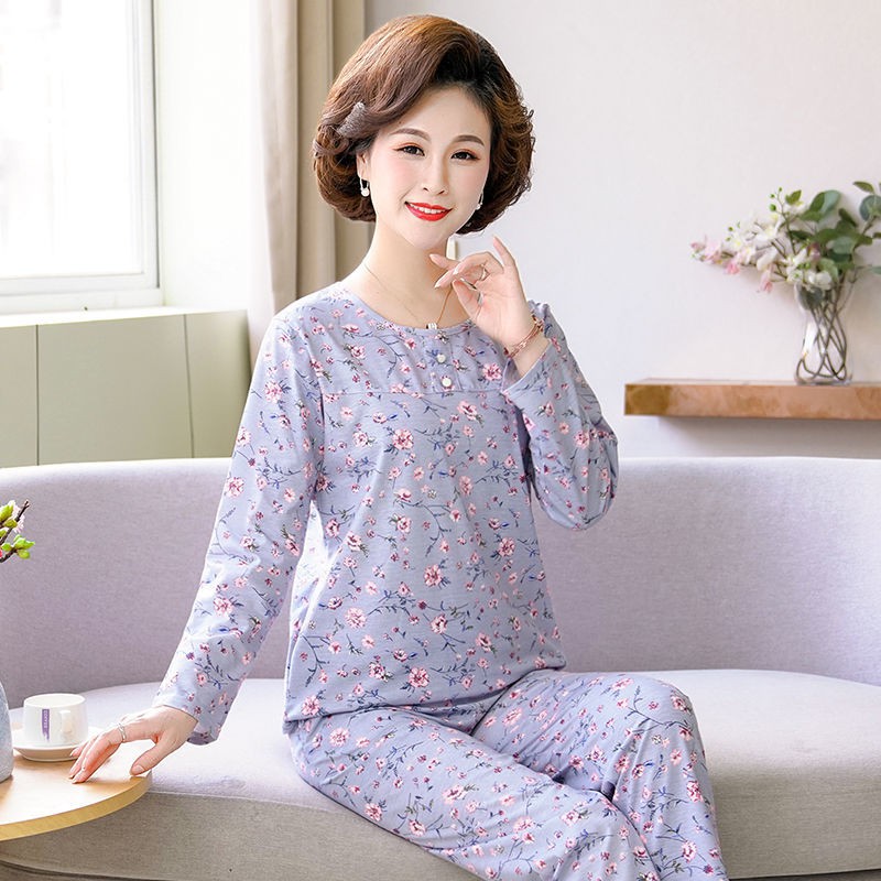 Đồ ngủ & Đồ mặc nhà☊┇▧Bộ đồ ngủ mùa xuân và thu bà mẹ trung niên cotton dài tay cho chồng già mặc ở nhà XL đô