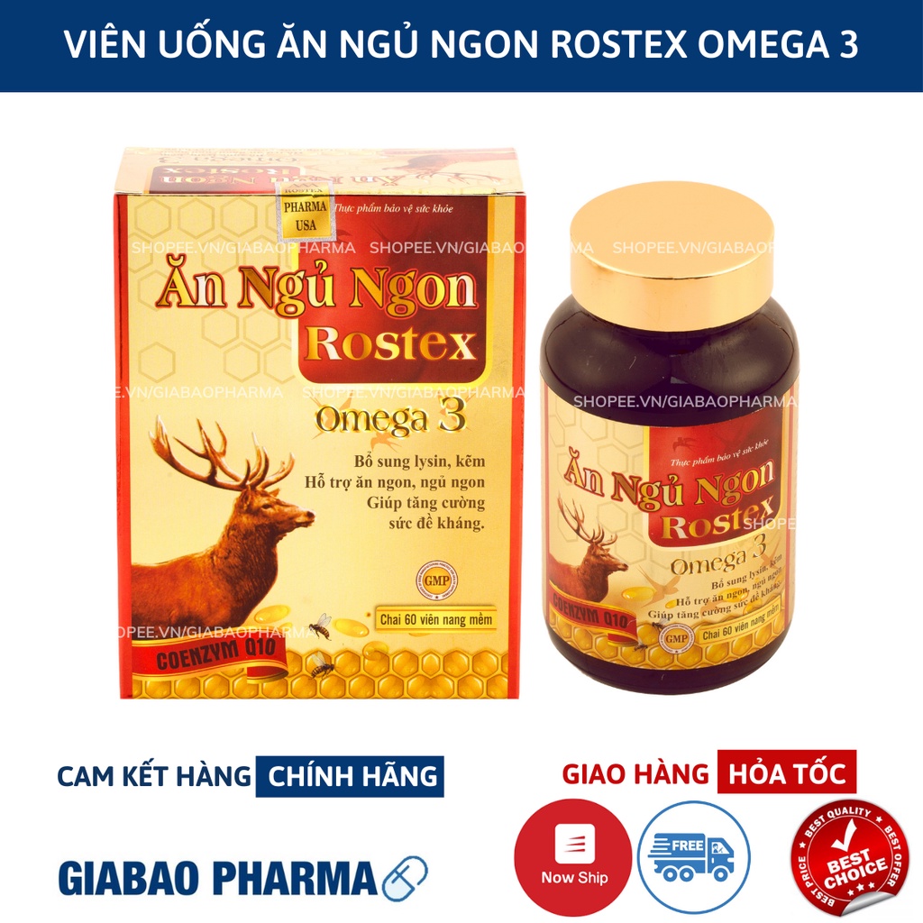 Viên Ăn Ngủ Ngon Rostex CoenzymQ10 bổ sung omega 3, lysin, kẽm loại bỏ mất ngủ, căng thẳng, stress -Hộp 60 viên