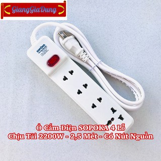 Ổ Cắm Điện 4M2 SOPOKA 4 Lỗ - Chịu Tải 2200W - 2.5 Mét - Có Nút Nguồn