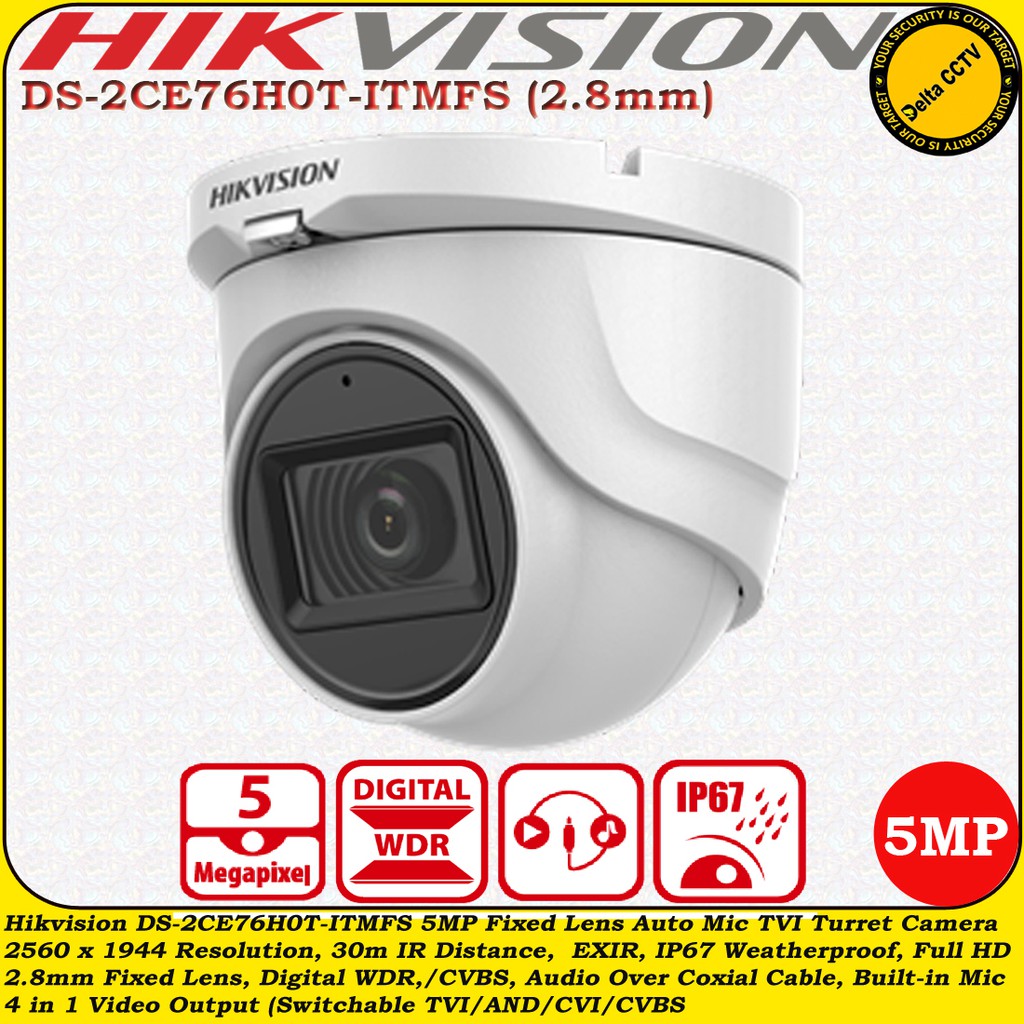 Camera tích hợp mic, vỏ kim loại Dome HD-TVI hồng ngoại 5.0 Megapixel HIKVISION DS-2CE76H0T-ITMFS -Hàng chính hãng