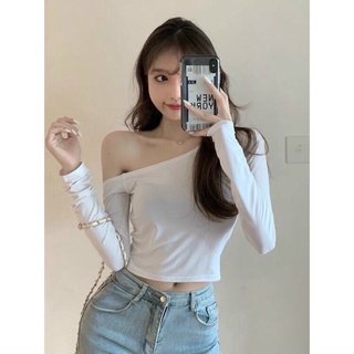 Áo kiểu croptop trễ tay dài trễ một bên vai dáng xinh cho nữ