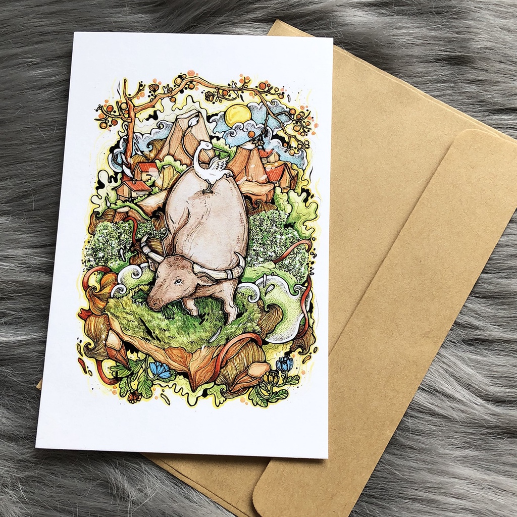Postcard, Thiệp chúc mừng, Tranh trang trí BST Hình vẽ 12 Con Giáp Việt Nam  kèm bao thư Kraft