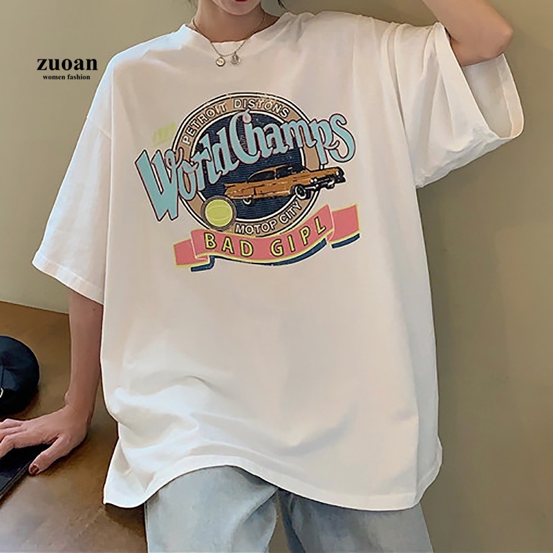 SUXI Áo thun ngắn tay cổ tròn in họa tiết thời trang năng động Hàn Quốc