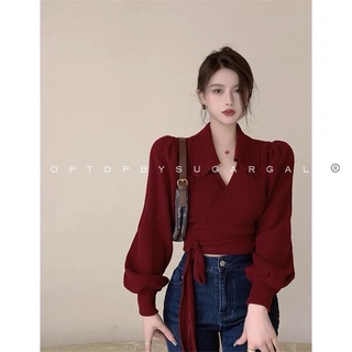 [Thiết kế] Áo croptop vạt chéo cổ sơ mi tay bồng thắt nơ dây cột màu đỏ ấm áp - by CBS