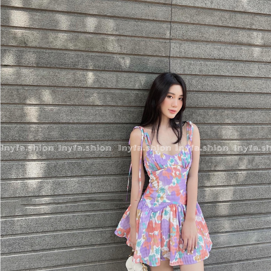 💙 Váy 2 dây xòe hoa nhí xếp li dáng ngắn nhà INY