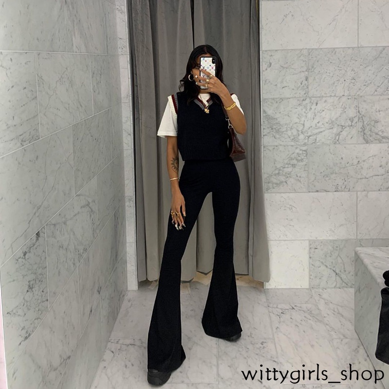 Wittygirls-quần Ống Loe Lưng Cao Vừa Vặn Màu Sắc Đơn Giản