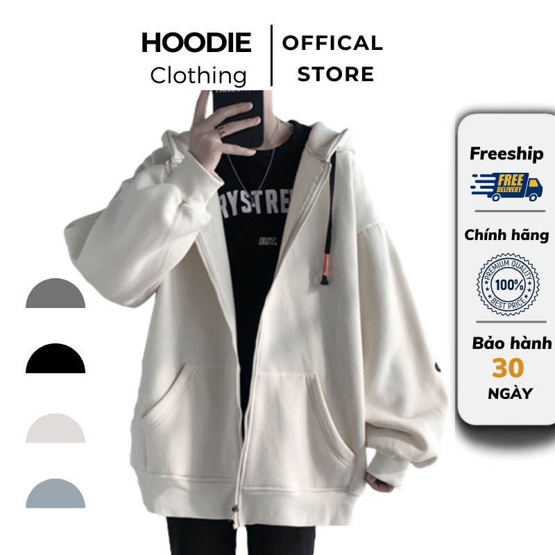 Áo Khoác Kéo Khóa Nam, Nữ Hoodie Basic Unisex Nỉ From Rộng Màu Trắng HDKK950