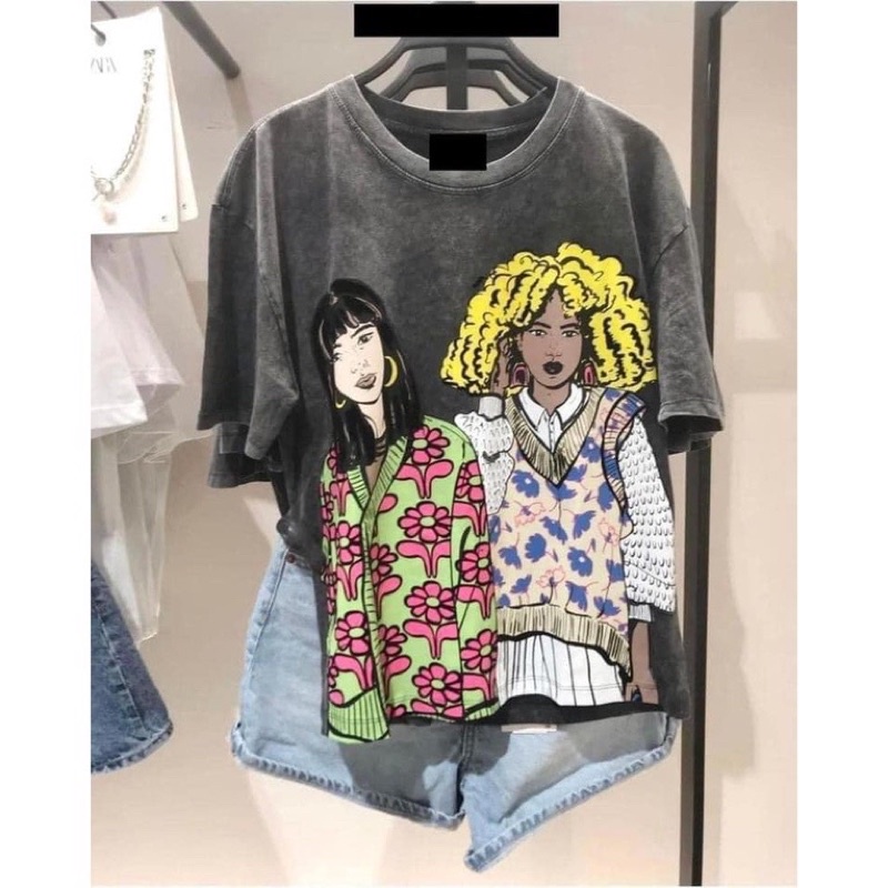 Áo Phông Za.Ra Tuồn Form Rộng, Áo Thun In Hình 2 Cô Gái Hàng QC (Hình Thật Shop Chụp)