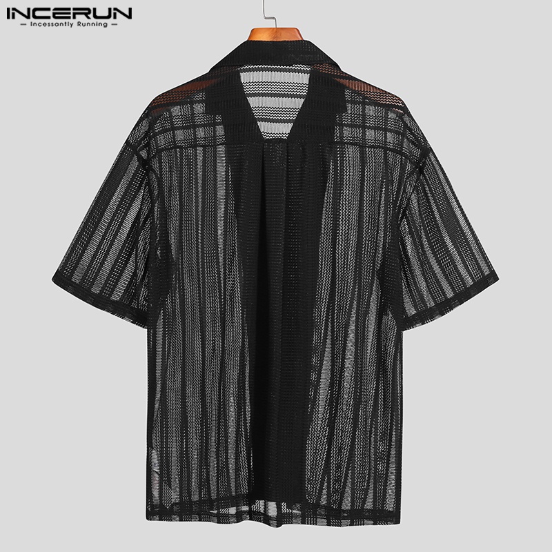 Áo sơ mi INCERUN tay ngắn cổ chữ v phối lưới phong cách thời trang cho nam