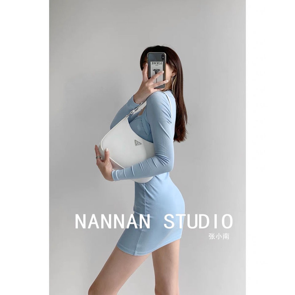 COZOK Đầm dệt kim tay dài cổ vuông ôm eo giả hai lớp thời trang cho nữ