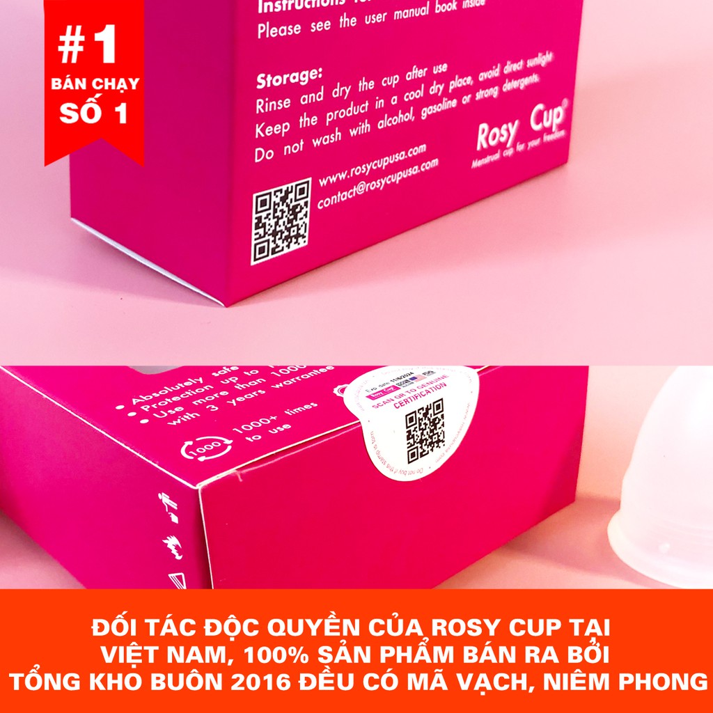 Cốc nguyệt san Rosy Cup chính hãng tặng quà kèm theo | Silicone y tế chính hãng Rosy Cup USA đầy đủ mã vạch