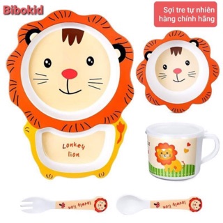 Bộ bát tập ăn dặm sợi tre cho bé trai, bé gái từ 6 tháng đến 3 tuổi sét gồm 5 chi tiết bát, đĩa, cốc, thìa và dĩa