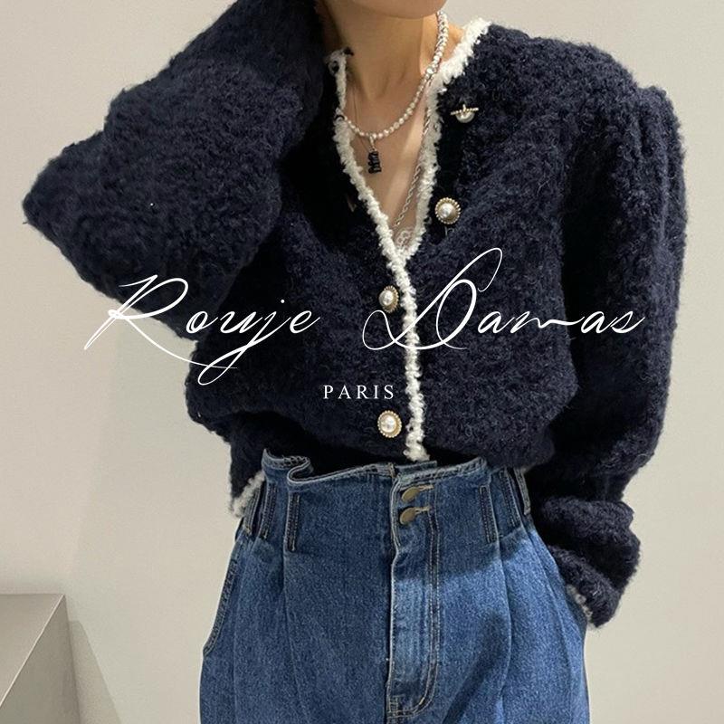 Áo Sweater Dệt Kim Tay Phồng Dáng Rộng Cài Nút Ngọc Trai Màu Sắc Tương Phản Xinh Xắn Cho Nữ