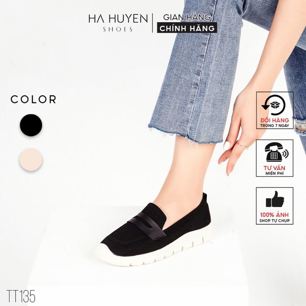 Giày slip on nữ Hà Huyền Shoes vải len lỗ phối đai da ngang dáng thể thao năng động - TT135 :
