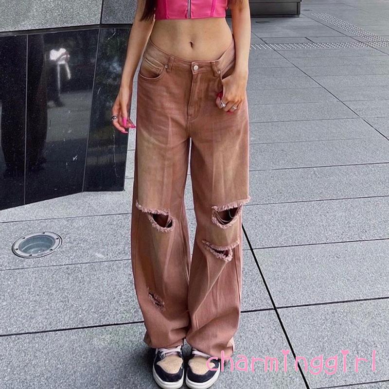 Quần Jeans Dài Lưng Cao Phối Túi Thiết Kế Xẻ Rách Cá Tính