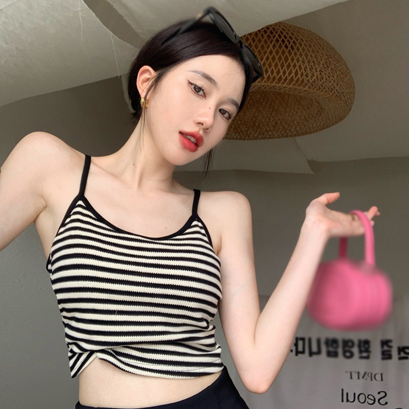 Áo hai dây dệt kim form ôm họa tiết kẻ sọc thời trang nữ