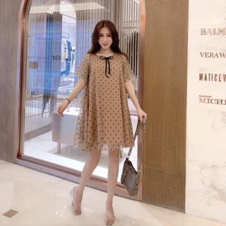 VÁY REN LƯỚI CHẤM BI DÁNG SUÔNG CỔ NƠ XINH