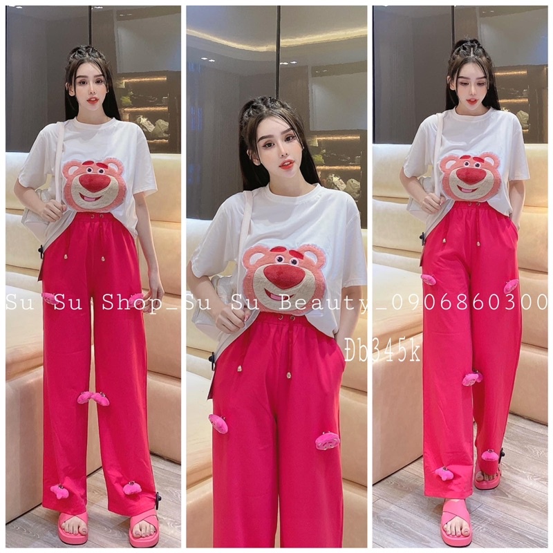 Set áo cotton gấu thêu quần suông đính gấu hình thật