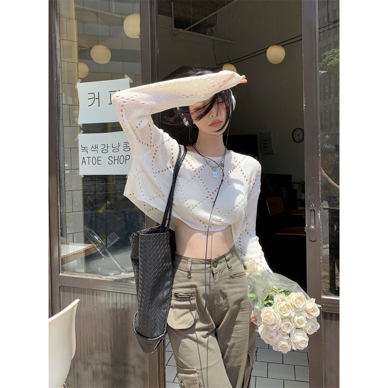 Porozi  Áo croptop dệt kim tay dài cổ tròn phong cách thời trang Hàn Quốc dành cho nữ