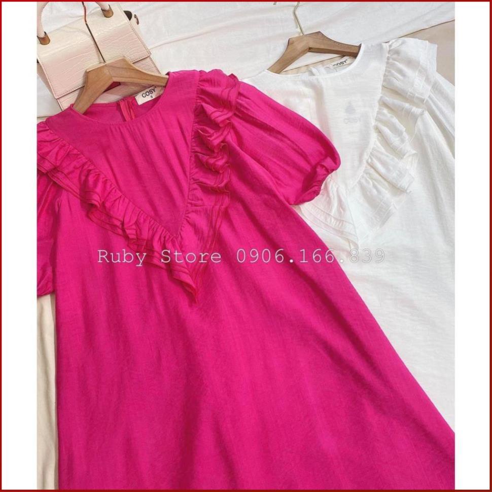 Đầm suông dáng dài COBI Váy đầm cổ tròn phom suông nữ đẹp tay phồng dún bèo trước ngực dưới 60kg bầu bì bon chen | BigBuy360 - bigbuy360.vn