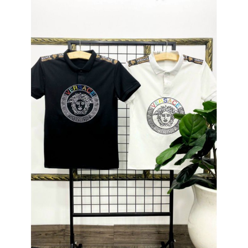 Áo thun nam nữ VERSACE thêu mặt người cổ bẻ- hàng thật vải xịn cotton 💯 co dãn 4 chiều thoáng mát -đẳng cấp hàng hiệu