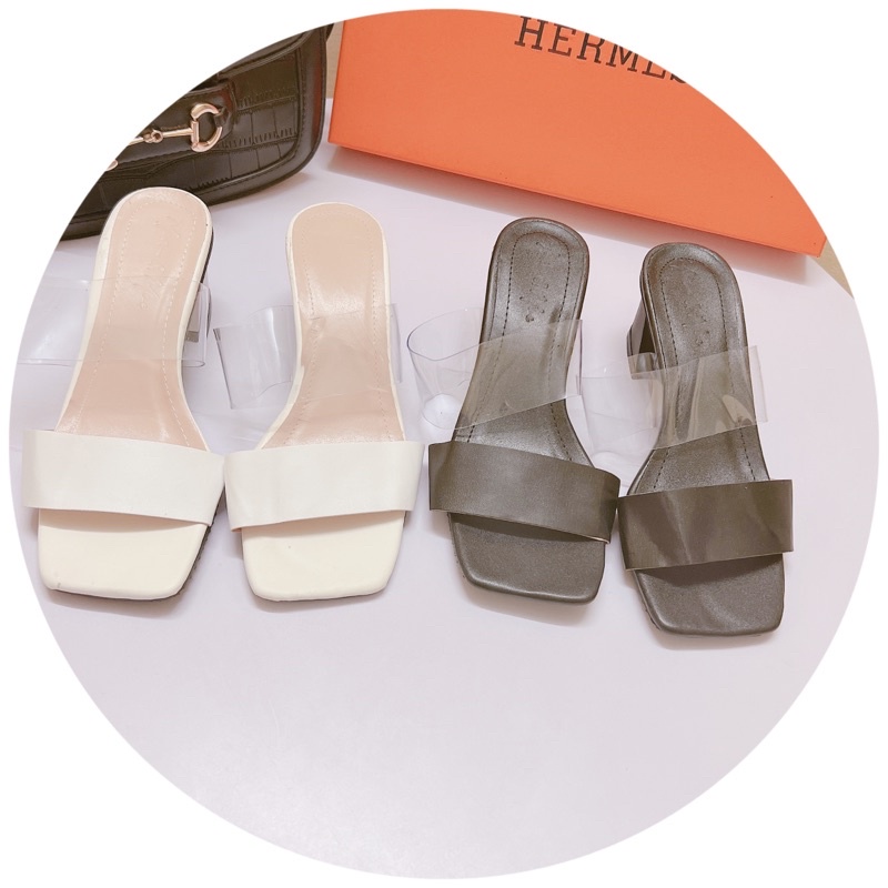 Dép cao gót nữ gót vuông 6p 2 quai (1 trong,1 da) mẫu mới