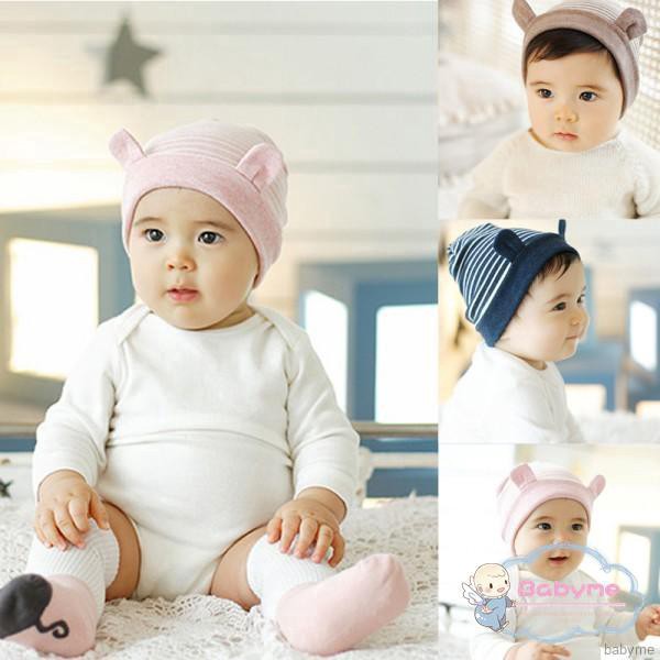 Mũ trùm đầu chất liệu cotton kẻ sọc có tai dễ thương cho bé