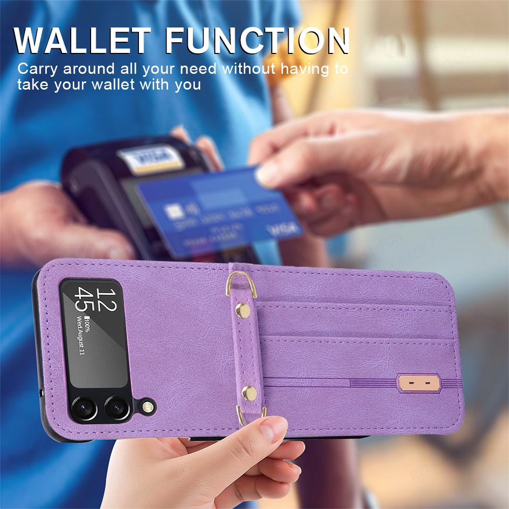 Shockproof Card Slot Leather Case for Samsung Galaxy Z Flip 4 5G Anti-Scratch Protective Phone Cover with Lanyard