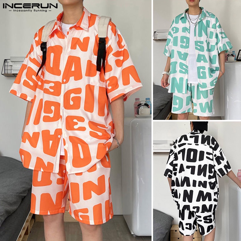 Set đồ INCERUN gồm áo thun tay ngắn in họa tiết Hawaii và quần short thời trang cho nam