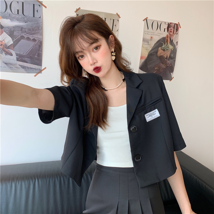 Áo blazer nữ tay ngắn hàn quốc 2021, Áo blazer croptop nữ đẹp mùa hè màu đen trắng cổ V thời trang