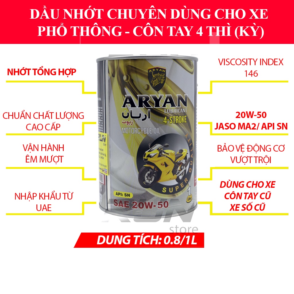 Nhớt Tổng Hợp ARYAN 20w50 1000ml SN JASO MA2 - Dùng Cho Xe Mô Tô, Xe Số - SAE 20W50 JASO MA2 SN