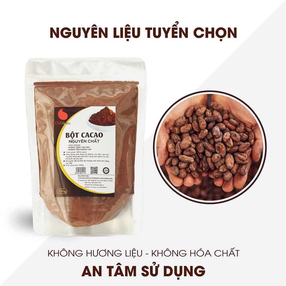 [Mã FMCGM25 - 10% ĐH 150K] Bột cacao nguyên chất 100%, không đường Light coffee - Gói 200g vị đậm đà, thơm ngon