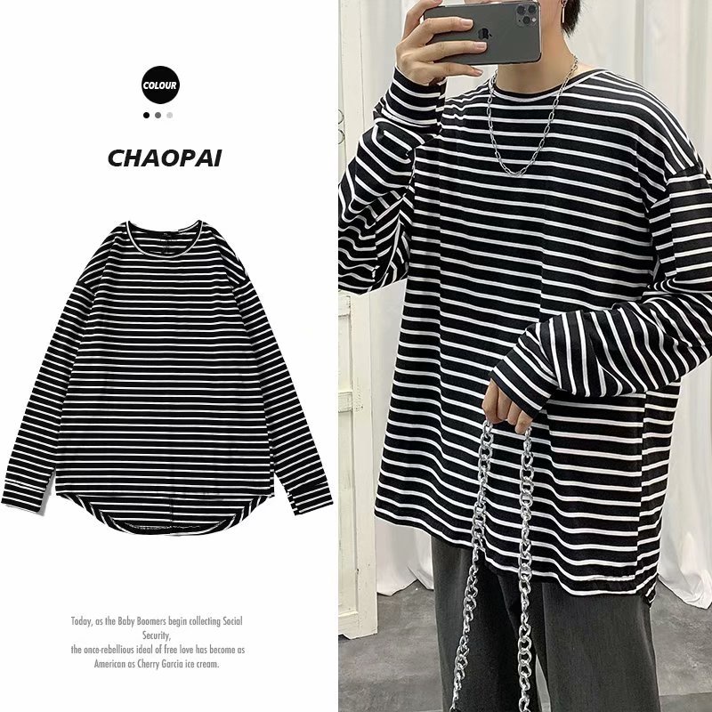 Áo Thun Tay Dài Dáng Rộng Họa Tiết Kẻ Sọc Phong Cách Hàn Quốc Thời Trang Trẻ Trung Cho Nam