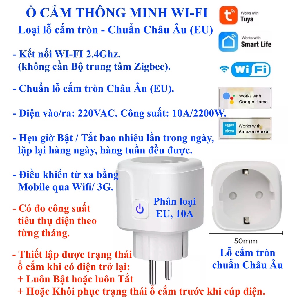 Ổ cắm Thông minh, Kết nối Wifi, Hẹn giờ Bật Tắt, Đo Công suất tiêu thụ 10A/16A, Hệ Tuya/Smart Life